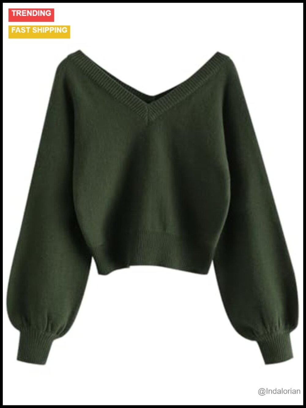 Women's Raglan Long Sleeve V Neck Crop Sweater Casual Loose Knit Pullover